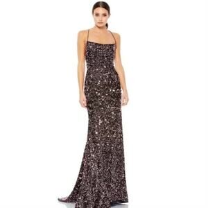 MAC DUGGAL Dress Size 6 Evening Gown Sequin Black Rose Gold NEW Lace Up